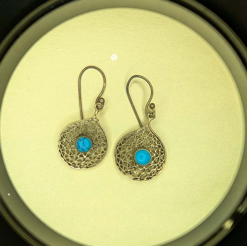 Vintage Gold Earrings with Turquoise Accent